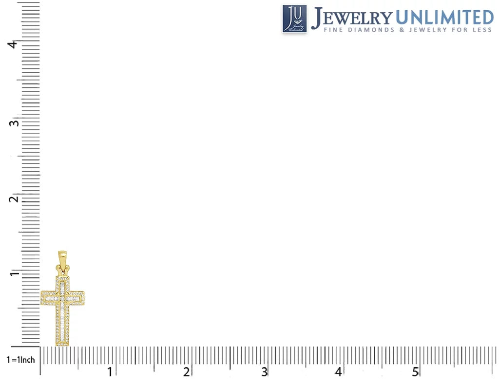 Stylish 14K Yellow Gold Diamond Baguette Cross 1.25" 0.4CT
