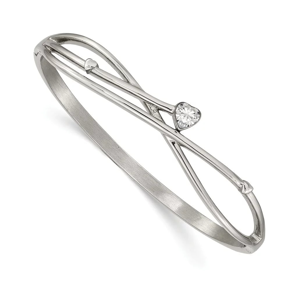 Primal Steel Stainless Steel Polished Heart CZ Hinged Bangle
