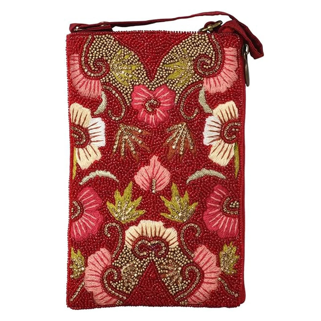 Stylish Ruby Bloom Floral Club Bag Beaded Phone Crossbody, Red Multi