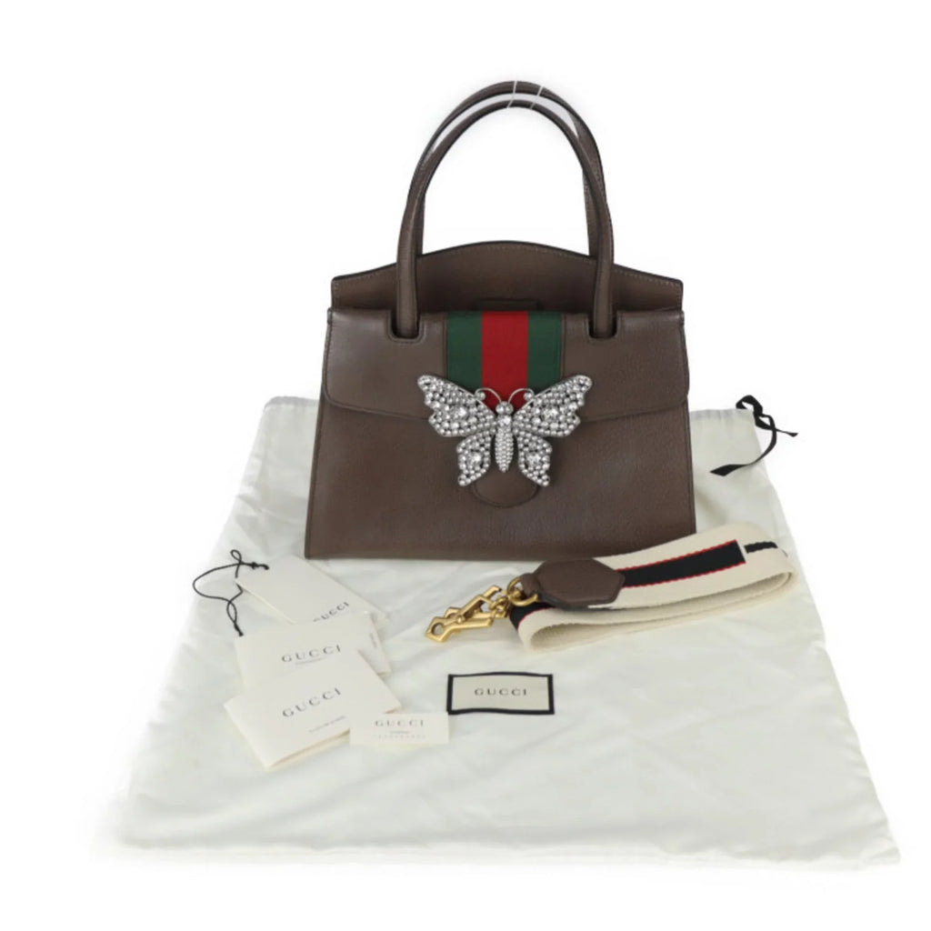 Pre-Owned GUCCI Gucci Totem Sherry Handbag 505342 Leather Rhinestone Brown 2WAY Shoulder Bag Butterfly Motif (Good)