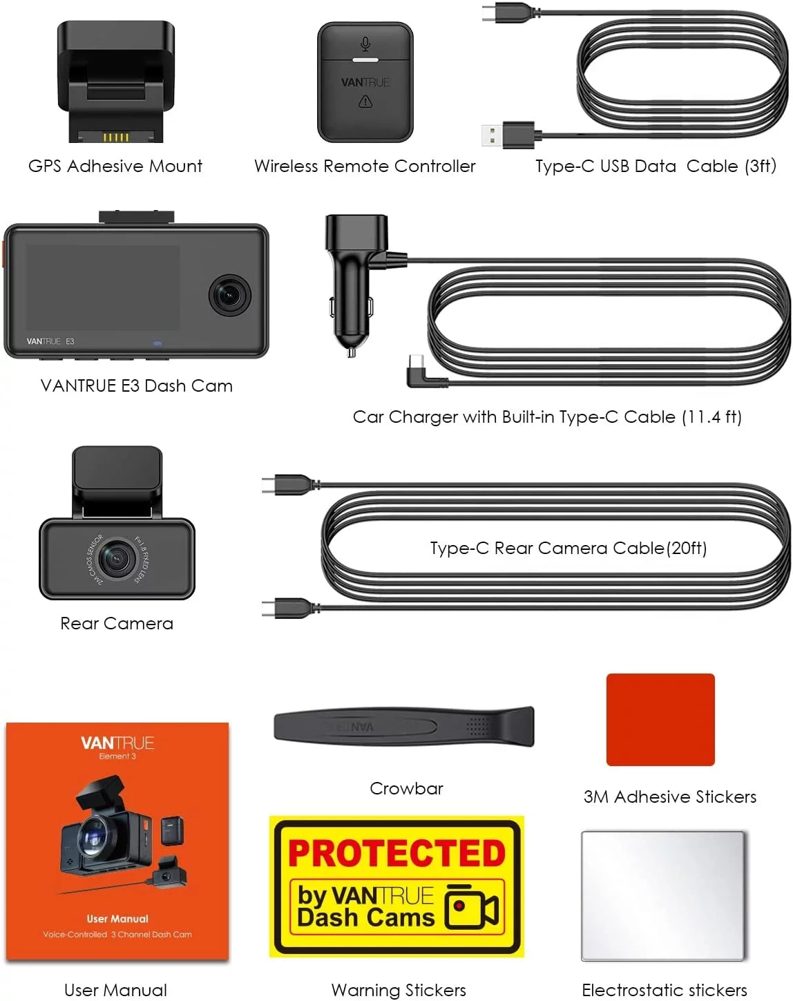 Vantrue E3 2.5K 3 Channel WiFi Dash Cam 1944P+1080P+1080P Front and Rear Inside 3 Way GPS Dash Camera for Car Voice Control IR Night Vision 24 Hrs Parking Mode Motion Detection - Exclusive Design
