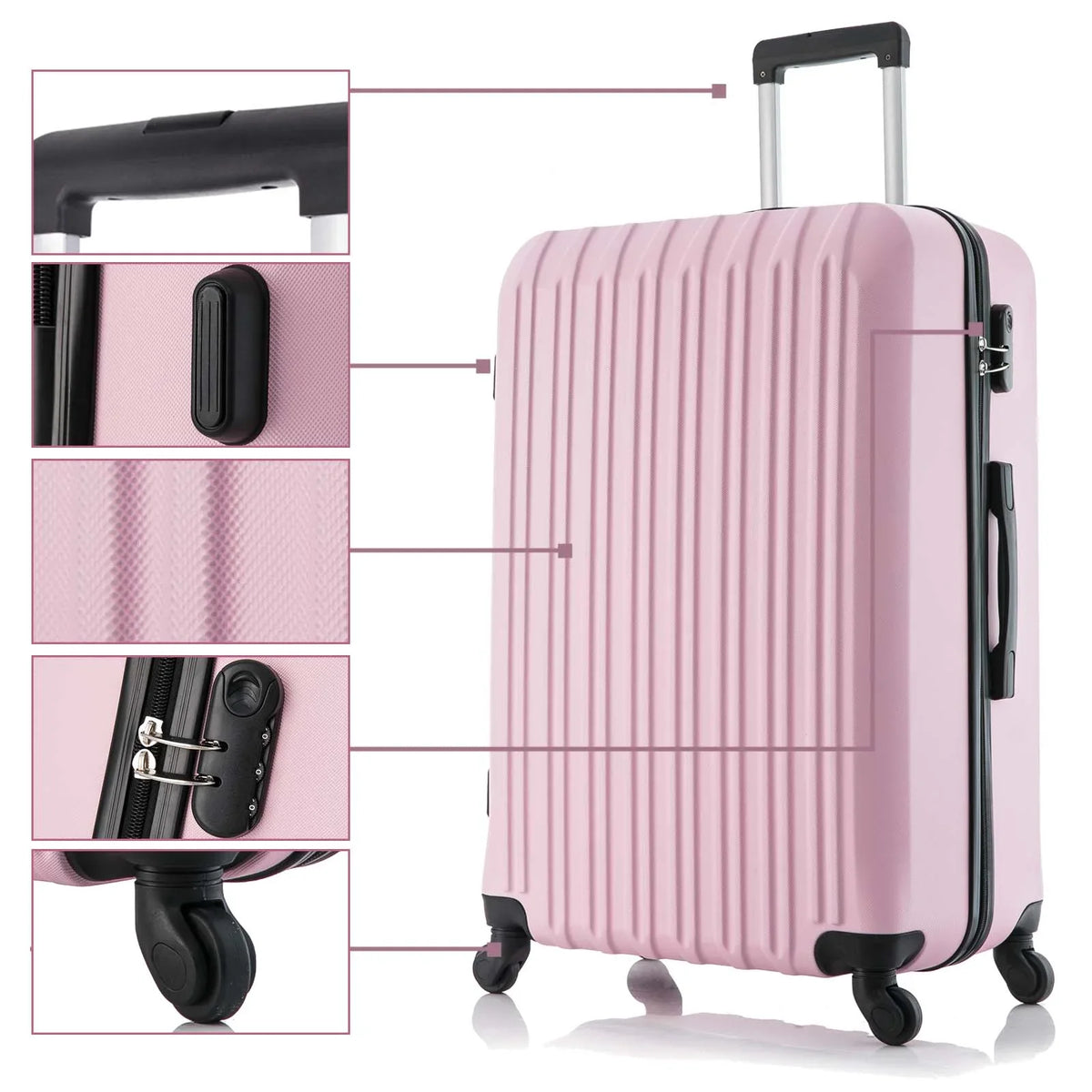 5 Piece Set Luggage Sets Suitcase ABS Hardshell Lampweight Spinner Wheels (16/20/24/28 inch) Pink