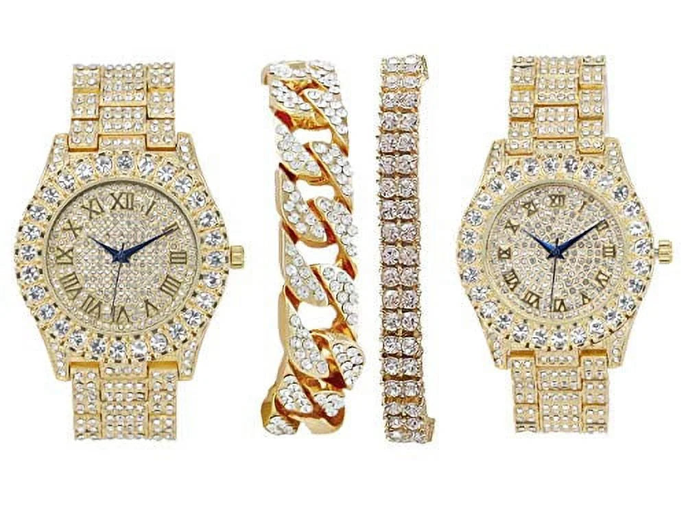 Bling'ed Out King and Queen Hip Hop Watch Set Perfect for Power Couples to Flaunt On and Off The Dance Floor - ST10325/ST10364 His&Hers(ST10327Gld Gld) - Exclusive Design