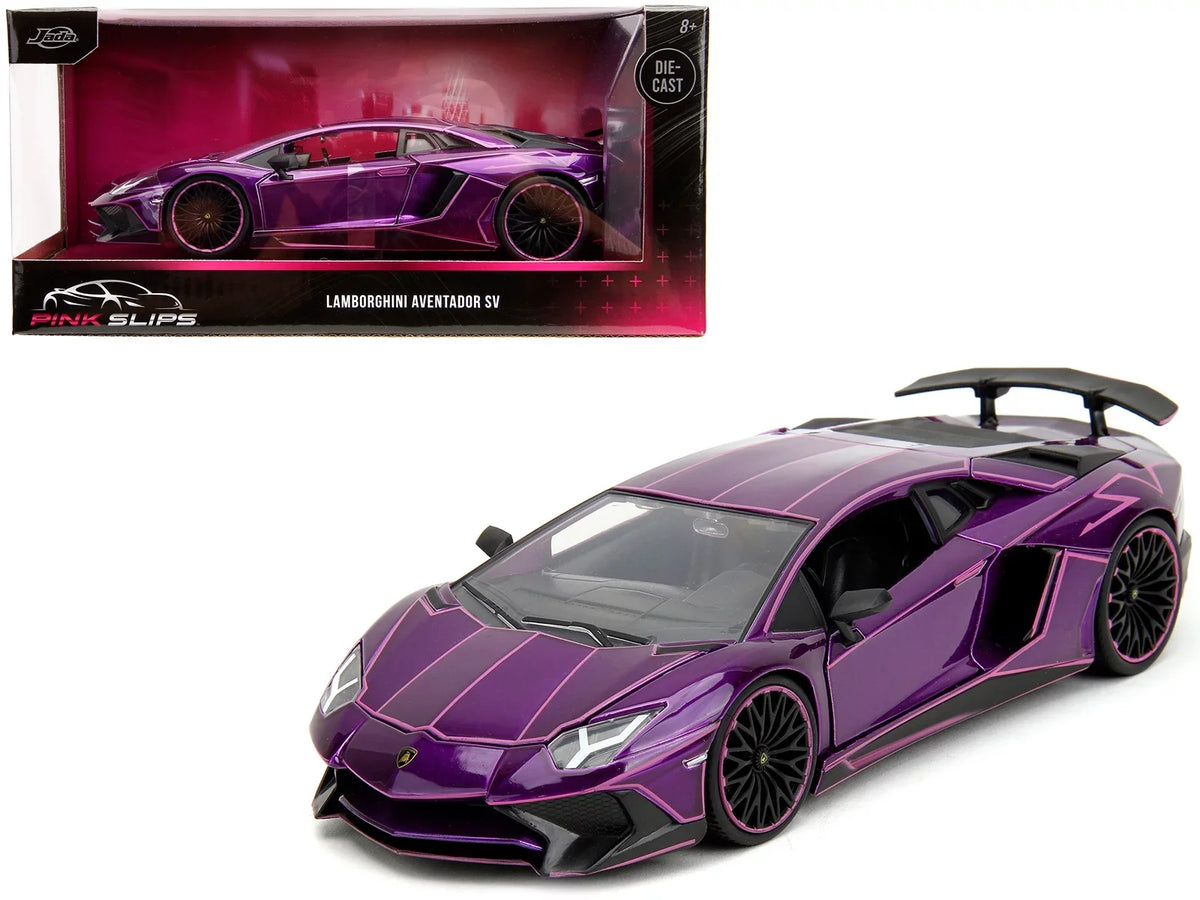 Lamborghini Aventador SV Candy Purple with Pink Graphics "Pink Slips" Series 1/24 Diecast Model Car by Jada - Exclusive Design