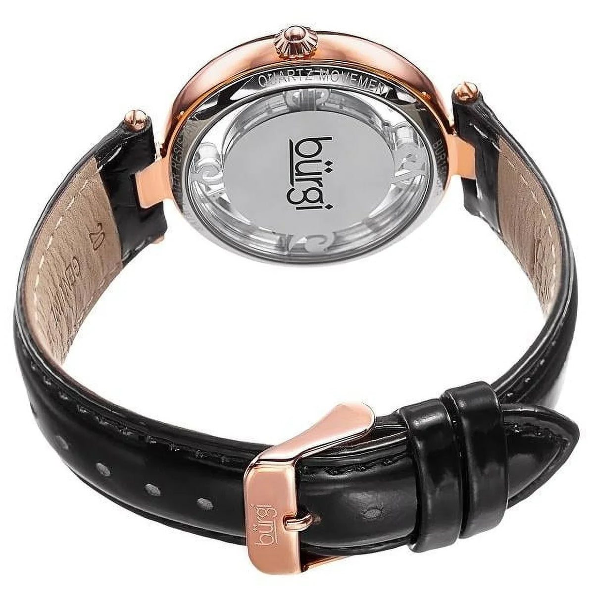 Women's BUR150BKR Rose Gold Quartz Watch with Swarovski Crystal Accents and See Thru Dial with Black Leather Strap