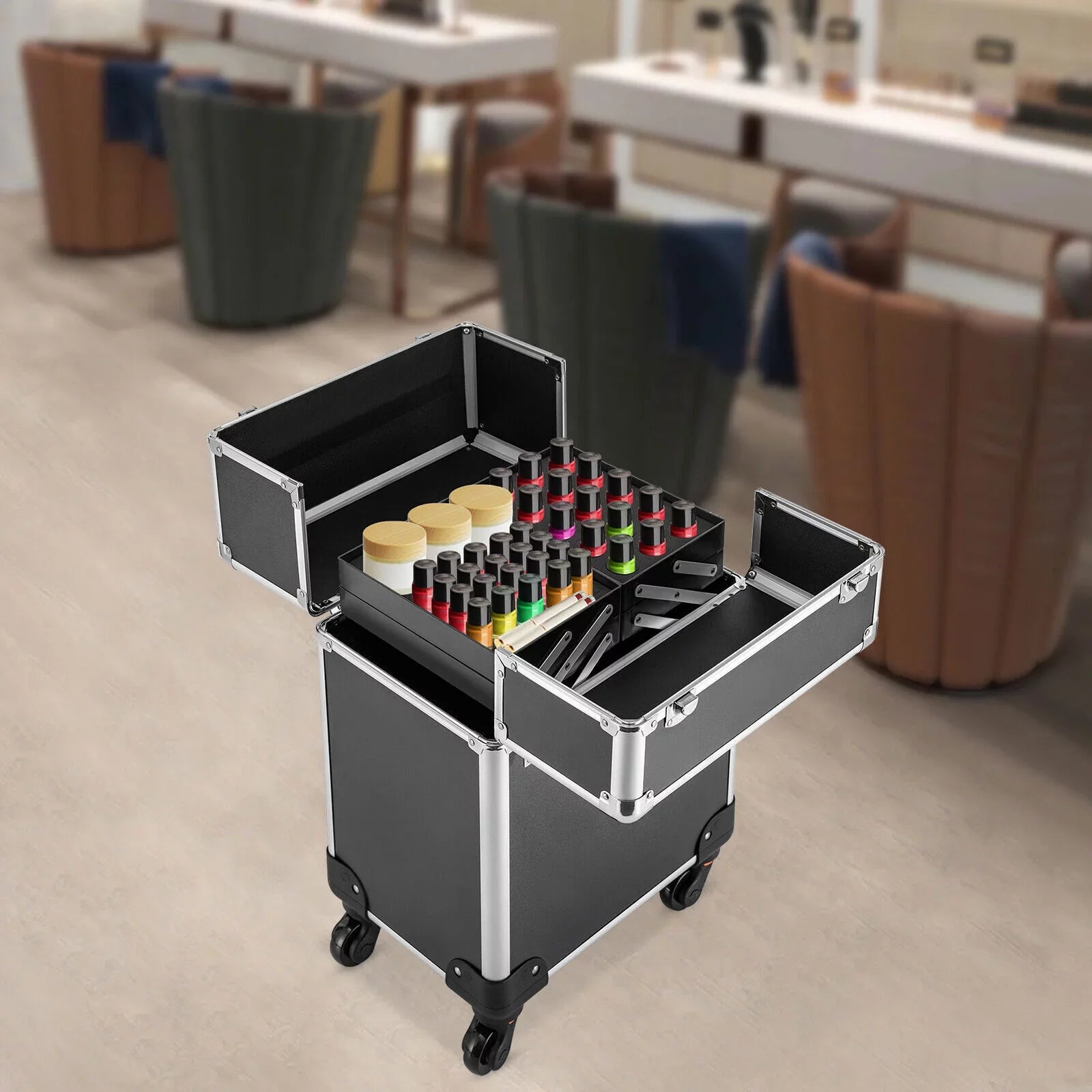 Stylish Rolling Lockable Makeup Train Case Hairdresser Trolley, Stylist Beauty Nail Salon Barber Case Cosmetic Luggage Travel Trunk Cart Organizer Tool Box with Swivel Wheels (Black)
