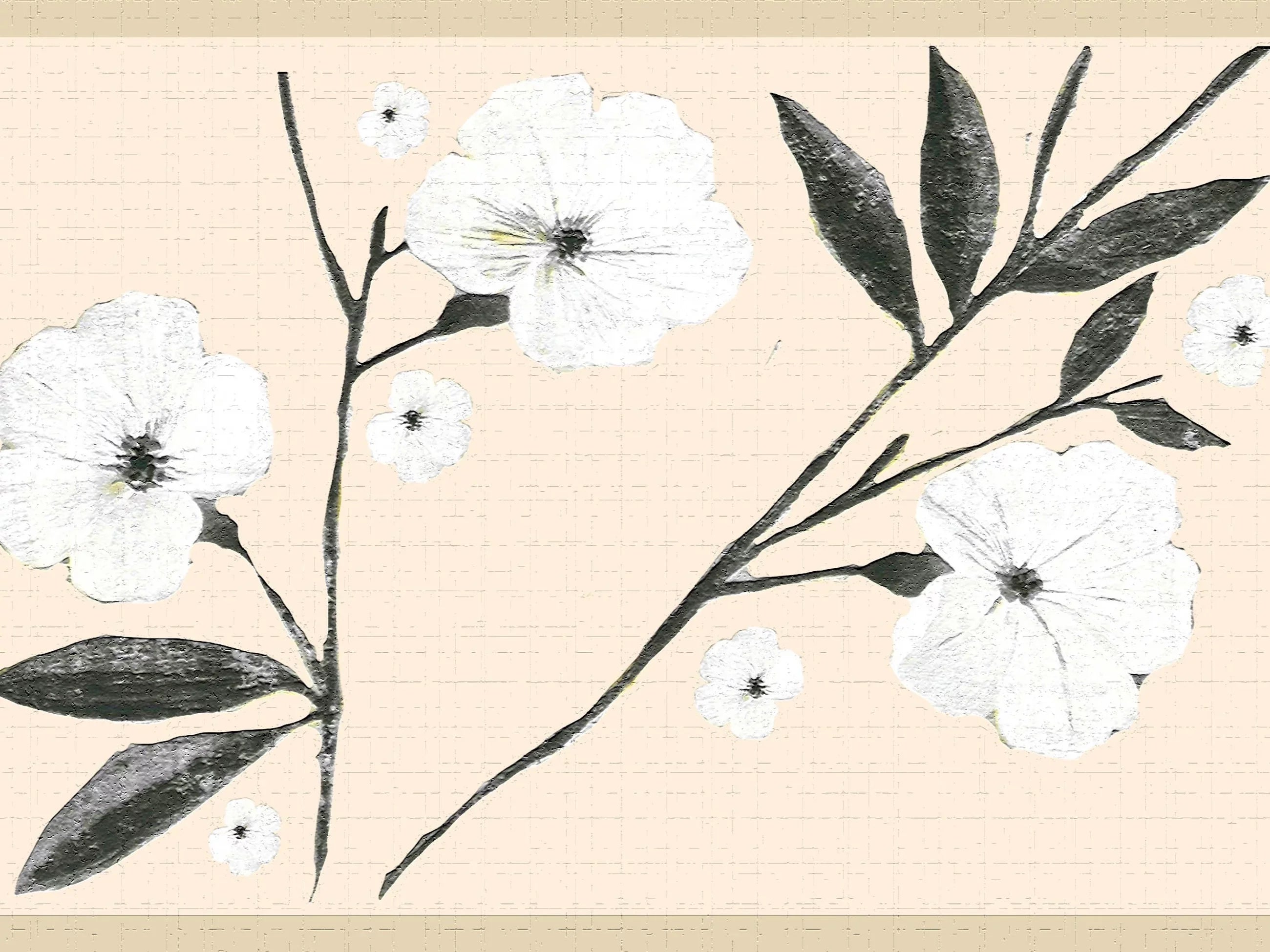 Dundee Deco's Peel and Stick Wallpaper Border - Floral White Cream Flowers and Leaves Wall Border Retro Design, 15 ft x 7 in, Self Adhesive - Exclusive Design