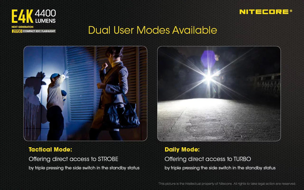 Combo: NITECORE E4K Next generation Flashlight - 4400 Lumens w/Tiki Mini Keychain Lamp -300 Lumens
