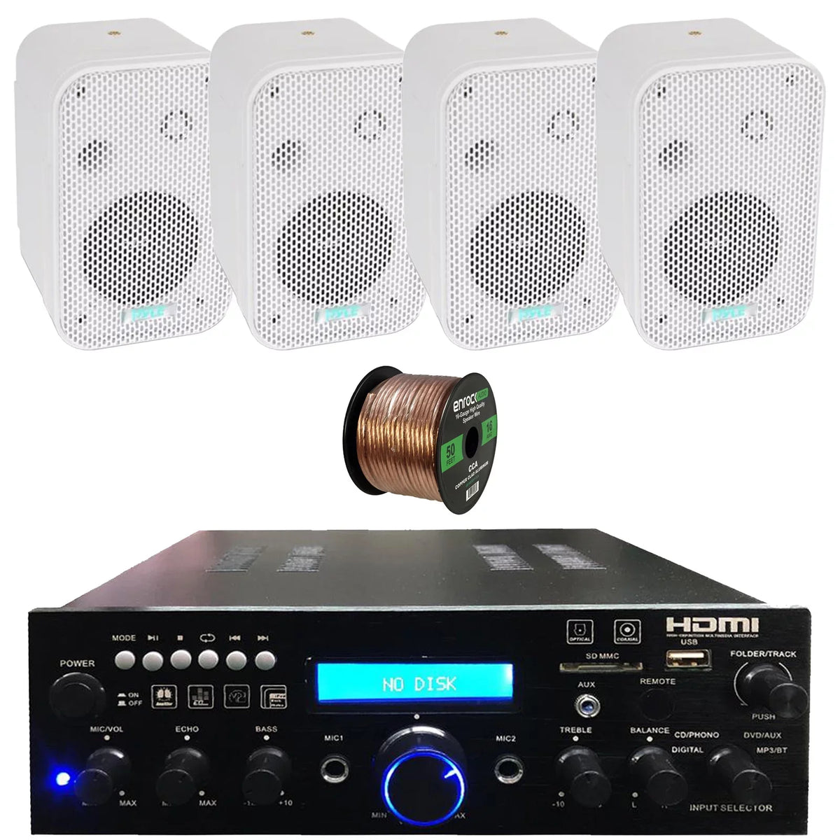Stylish Pyle 200W Compact Wireless Bluetooth USB FM Radio Home Theater Amplifier Receiver System Bundle Combo with 4x 3.5" 300W Indoor/Outdoor White Waterproof Speakers, 16 Gauge 50 Feet Speaker Wire