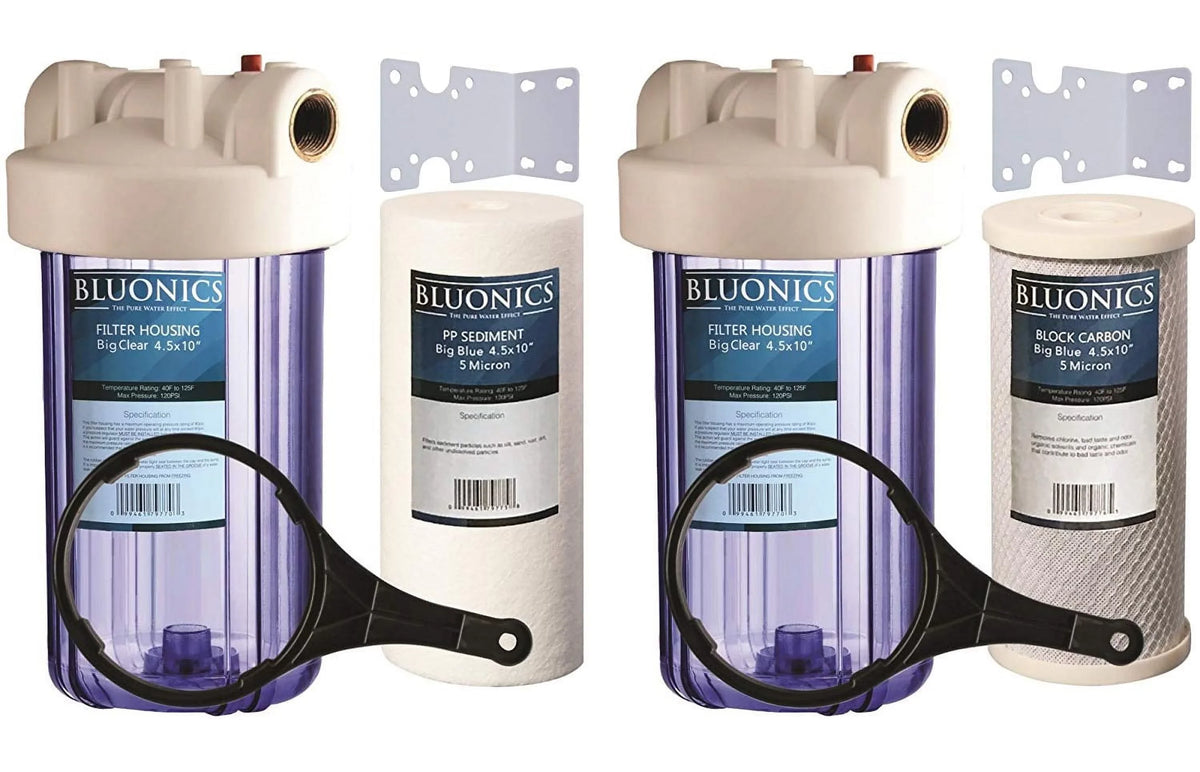 Stylish Two 4.5 x 10" Big Blue Whole House Sediment & Carbon Water Filters
