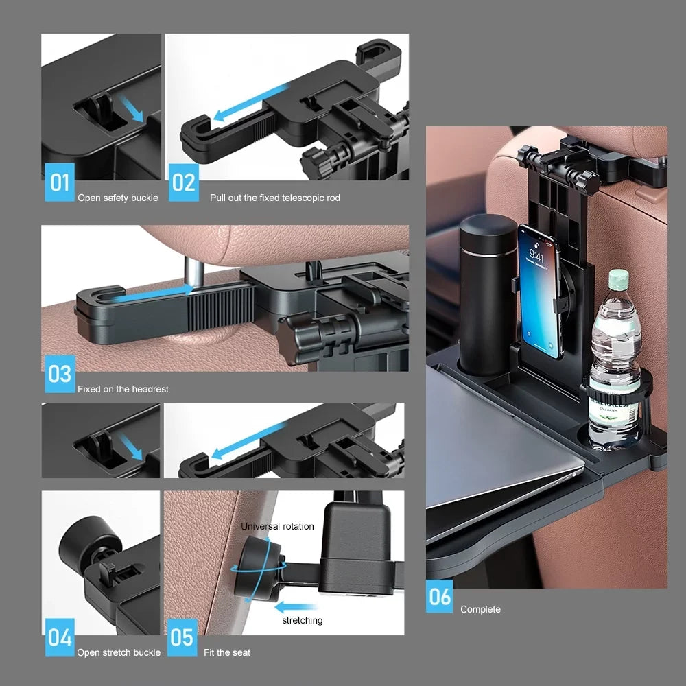 Apexeon Car Seat Table with Phone Holder, Adjustable and Foldable Back Seat Food Tray for Working, Writing, Eatingï¼ Black