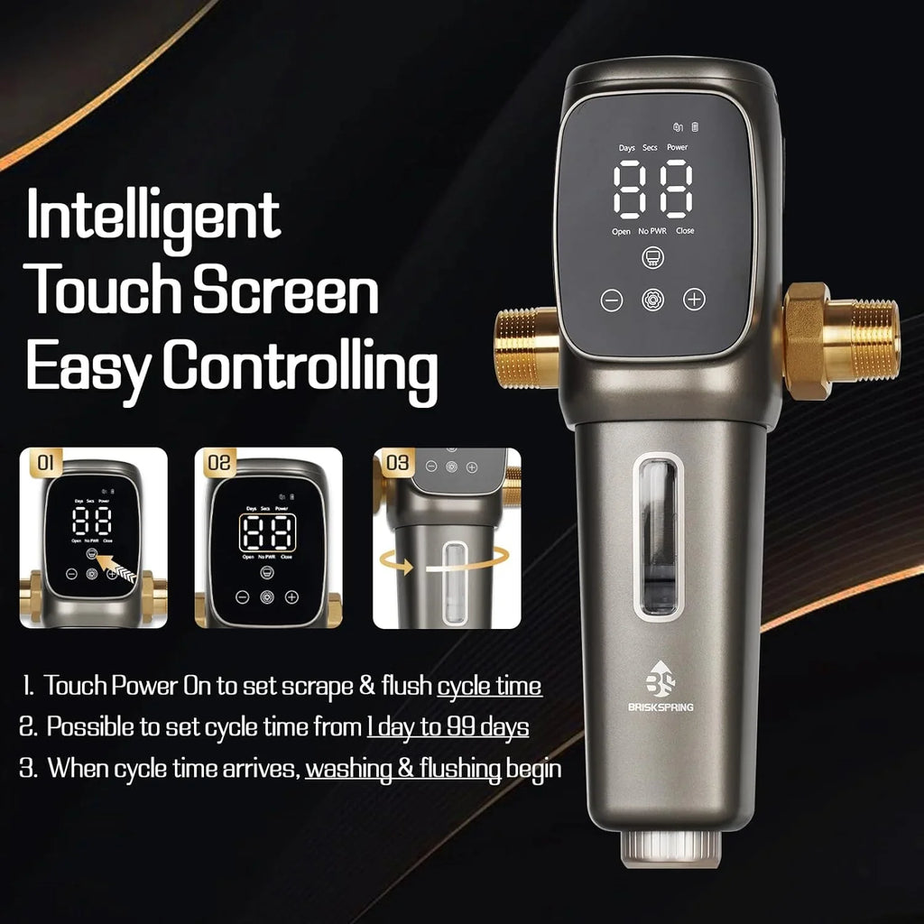 OUWI's King Model Spin Down Sediment Filter, Touch-Screen Automatic Flushing and Drainage, 360Â°Rotatable Head, 40 Micron Reusable Whole House Water Filter System, 1" MNPT + 3/4" FNPT Connector - Exclusive Design