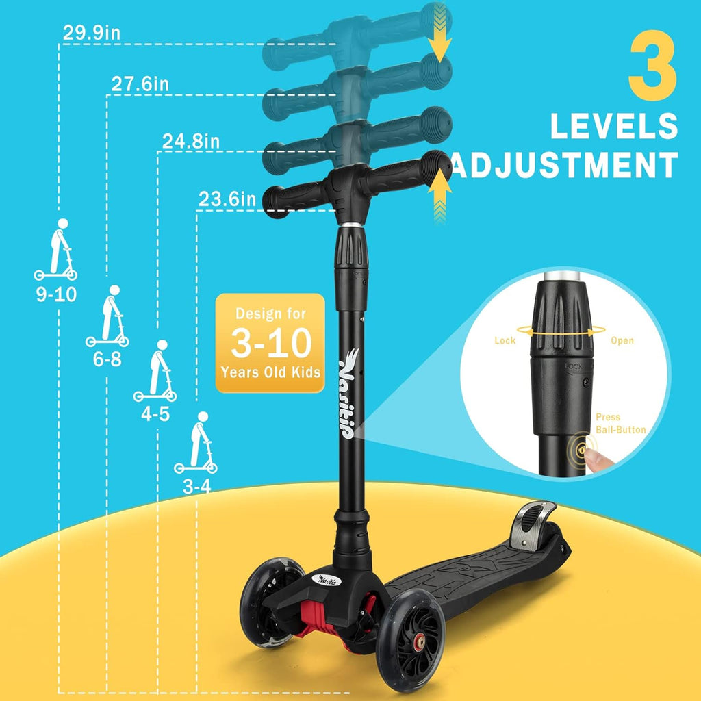 Kick Scooter Collapsible Portable Kids Push Scooter with 4 Adjustable Height, AEBC-9 Bearing, 3 Lamp Up Wheels for Boys Girls Toddlers from 3 to 12 Years Old(Black)