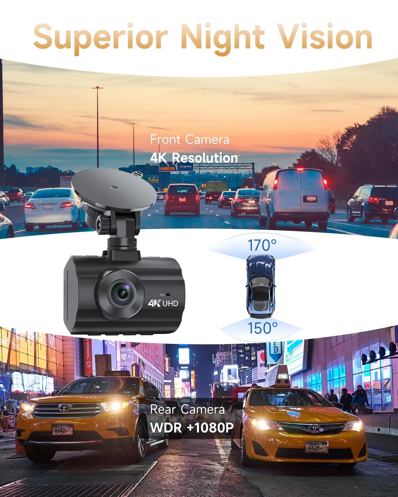 4K Dash Cam WiFi GPS,4K+1080P Front and Rear, Car Dash Camera, Dashcam with 2" LCD Screen, 170Â° Wide Angle, WDR, Night Vision,Parking Mode, G-Sensor,Black - Exclusive Design