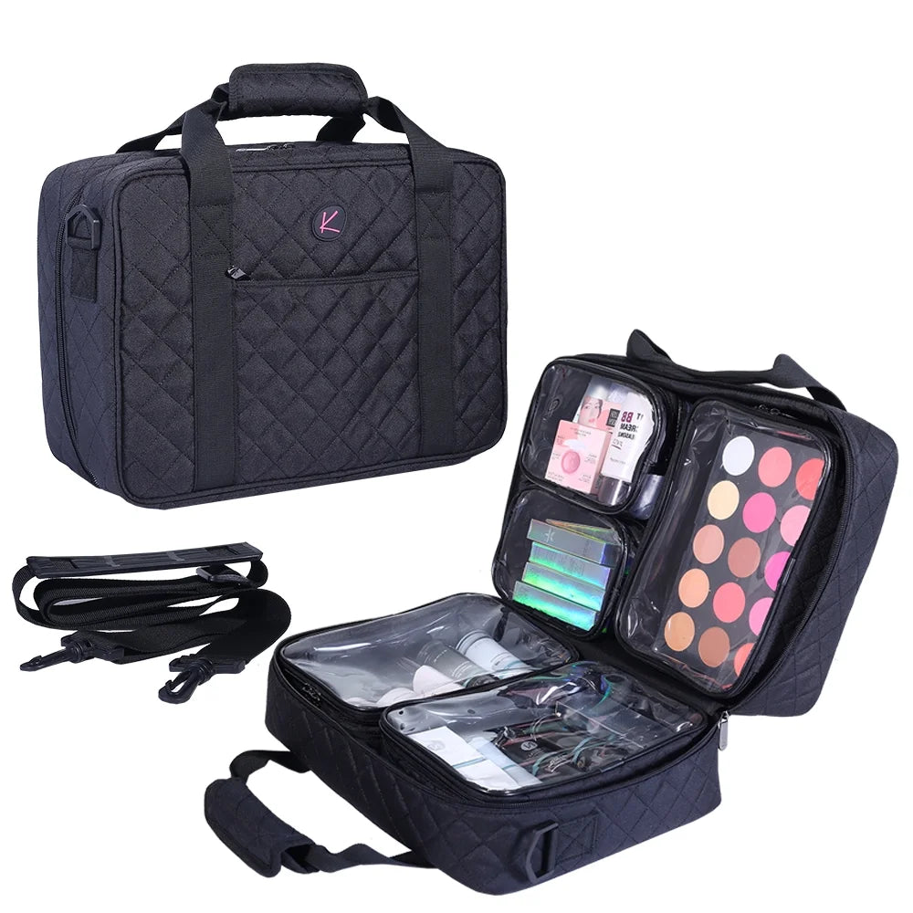 KIOTA Travel Makeup Bag- Large Cosmetic Bag for Women | Professional Cosmetic Train Case Organizer with Semi-Transparent Compartments for Make Up Tools, Toiletry, Jewelry, Handy Accessories