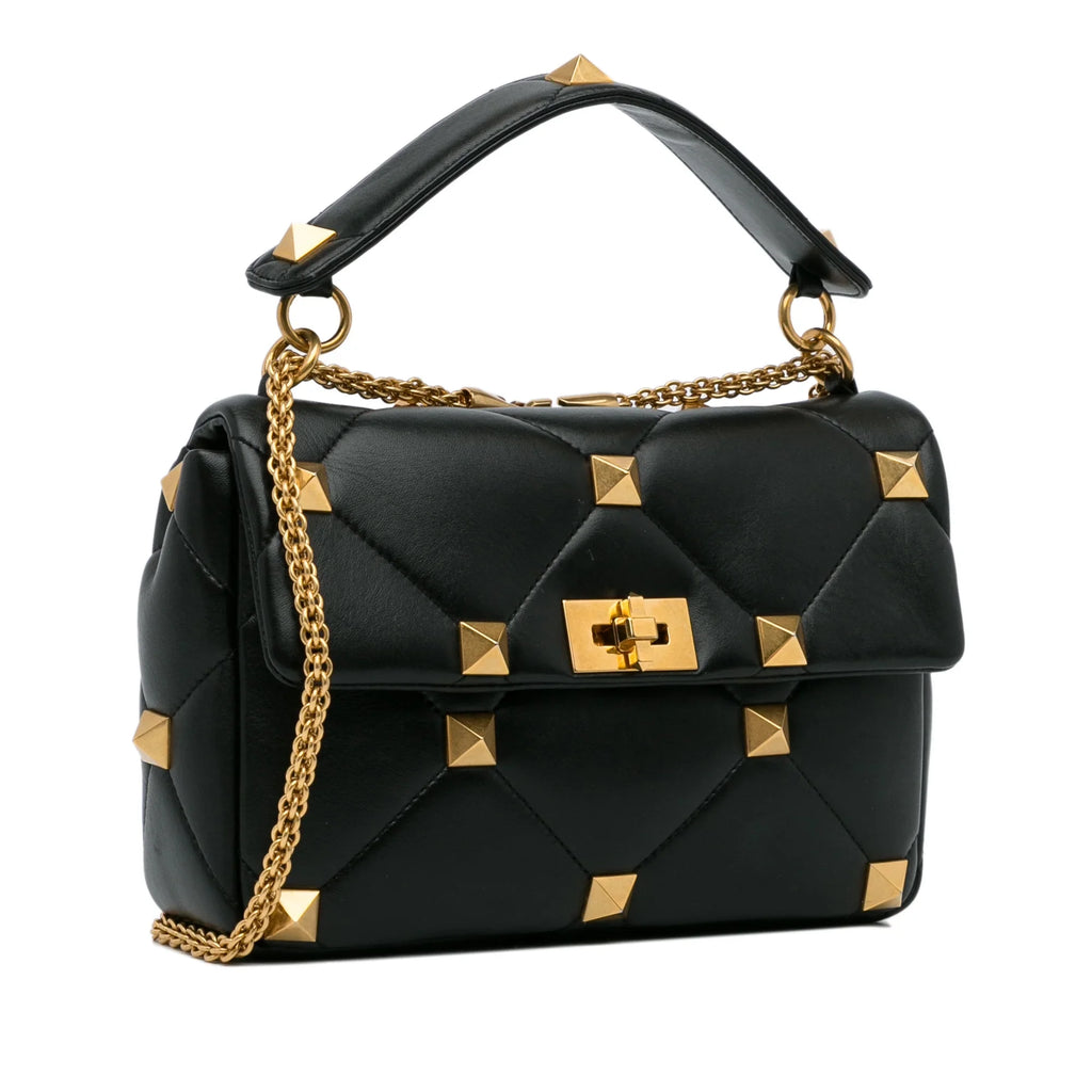 Stylish Pre-Owned Authenticated Valentino Medium Roman Stud Satchel Calf Leather Black Unisex (Good)