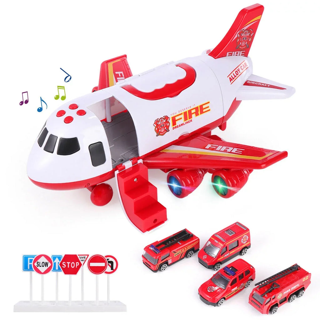 Stylish SHANNA Airplane Toy Fire Truck Playset with Music and Lights, Transformable Airplane Storage Cart, 3-6 Years Old Boys and Girls Birthday Christmas Gift (Red)