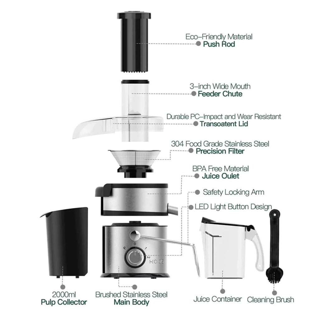 Stylish Koios Centrifugal Fruit & Vegetable Juicer w/ Extra Wide Feed Chute, Black