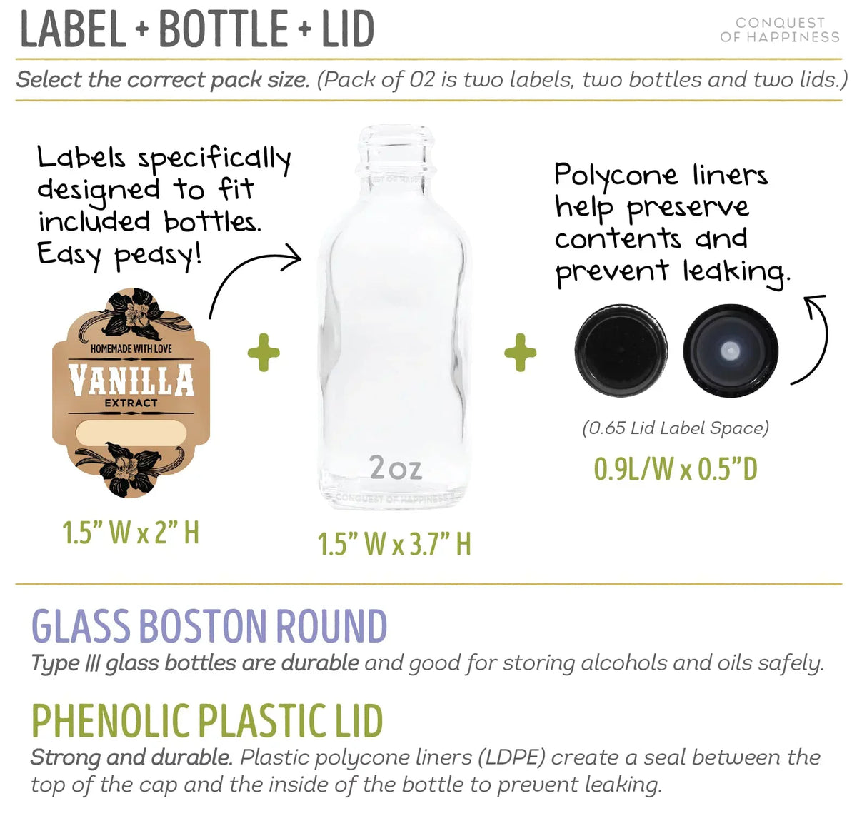 Homemade Vanilla Extract Labels with 2 oz Bottles - Write-In - Handmade by Conquest of Happiness | Pack of 08 - Exclusive Design
