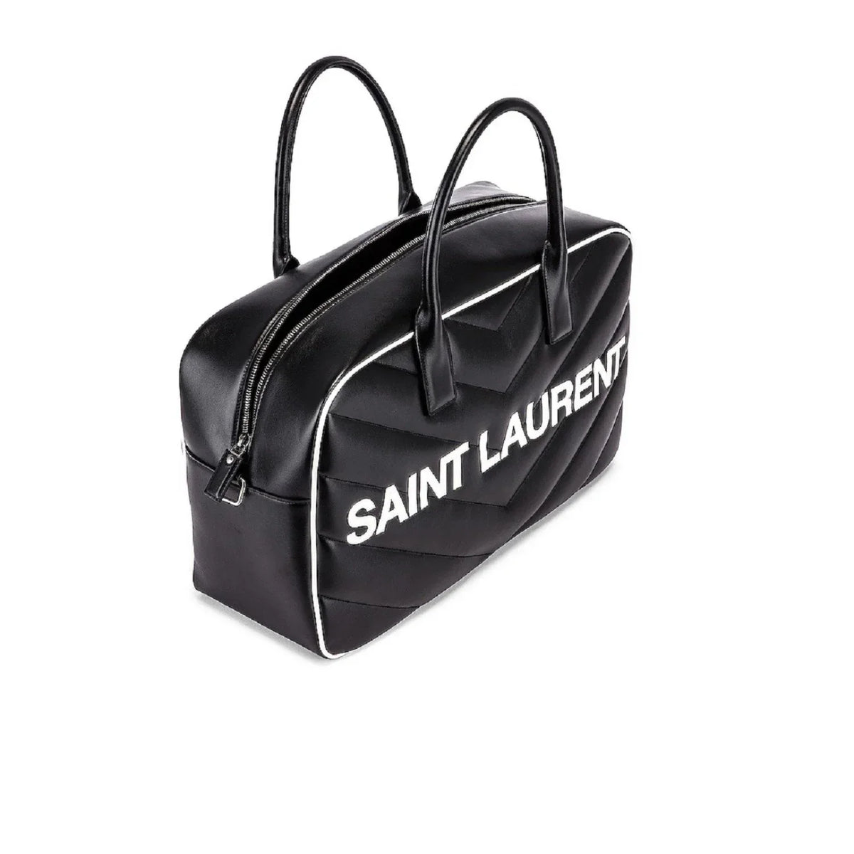 New Saint Laurent Miles Logo Black Calf Leather Duffel Bowling Bag 525145