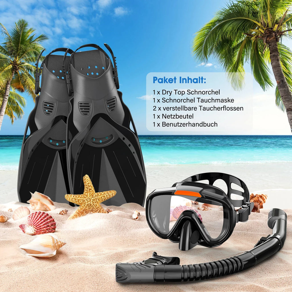 Snorkeling Gear for Adults Men Women,4 in 1 Snorkel Set with Panoramic View Diving Mask Anti-Fog Anti-Leak,Dry Top Snorkel,Fins and Travel Bag for Swimming,Snorkeling and Travel Diving - Exclusive Design