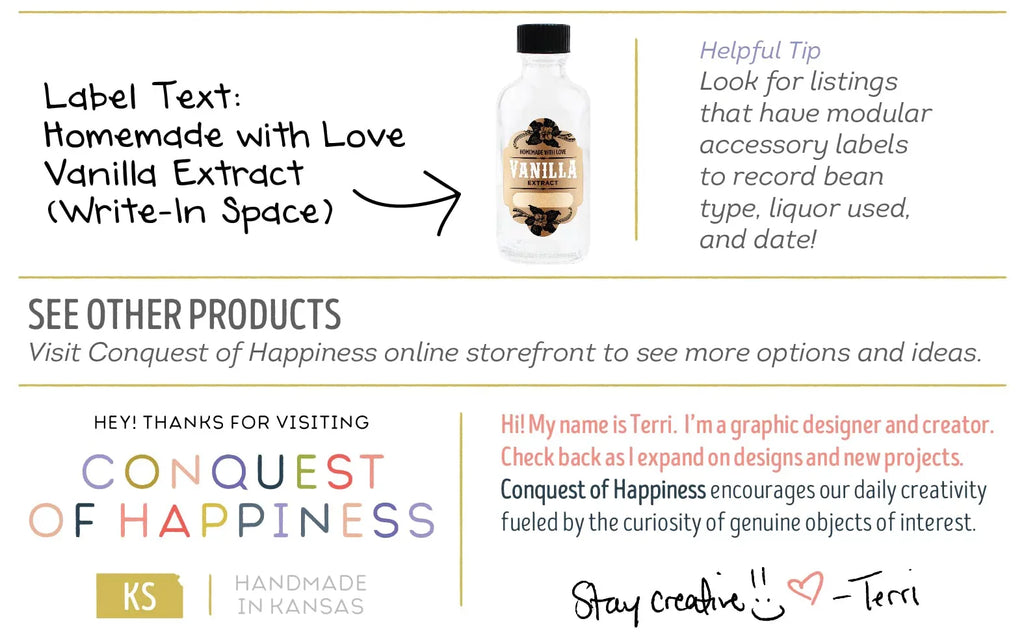 Homemade Vanilla Extract Labels with 2 oz Bottles - Write-In - Handmade by Conquest of Happiness | Pack of 08 - Exclusive Design