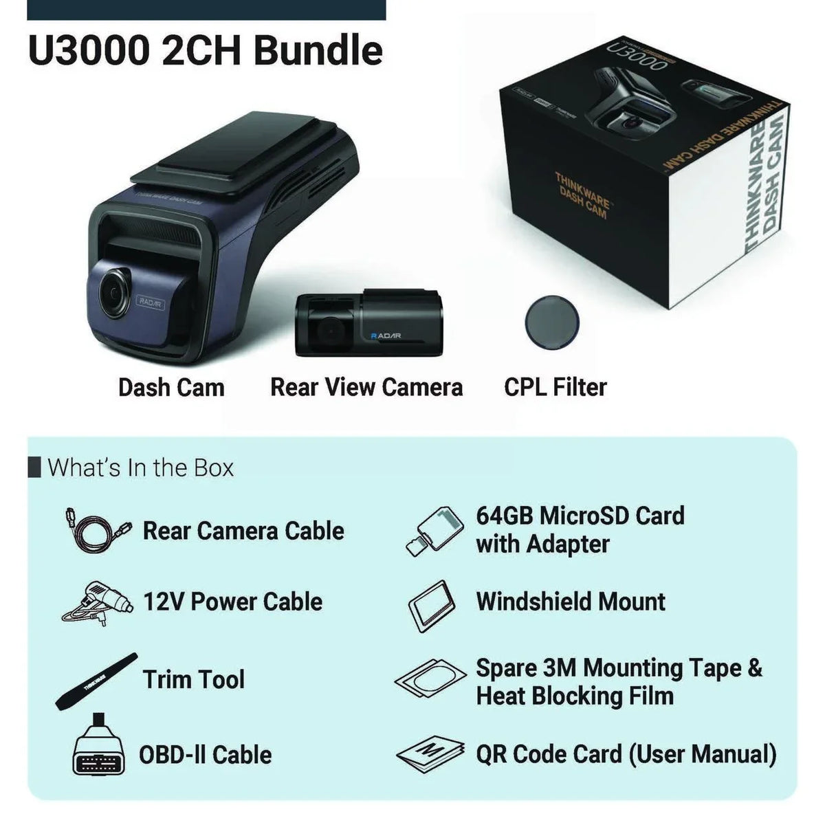 THINKWARE U3000 Ultra 4K Dash Cam Front and Rear 2CH STARVIS 2 Sensor Super Night Vision Dashcam for Car Camera 5GHZ WiFi GPS Radar Buffered Parking Mode CPL Seed Red Light Alerts OBD Cable