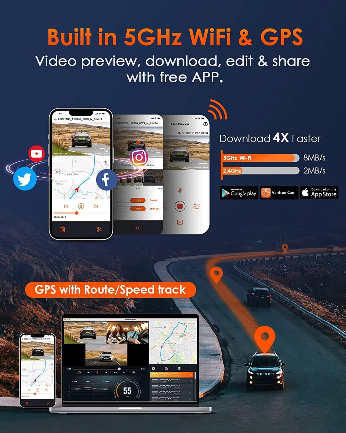 Vantrue E3 2.5K 3 Channel WiFi Dash Cam 1944P+1080P+1080P Front and Rear Inside 3 Way GPS Dash Camera for Car Voice Control IR Night Vision 24 Hrs Parking Mode Motion Detection - Exclusive Design