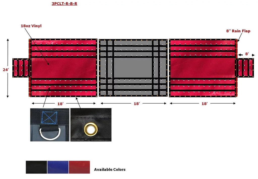 Stylish 24' x 18' 3 Piece Red/Black Lumber Tarp for Heavy Duty Truck Cargo - 18 Oz Vinly Flatbed Tarps with 8' Drop - Waterproof Tarp for Trailers to Protect Cargo from Wind, Rain, Snow and Sun