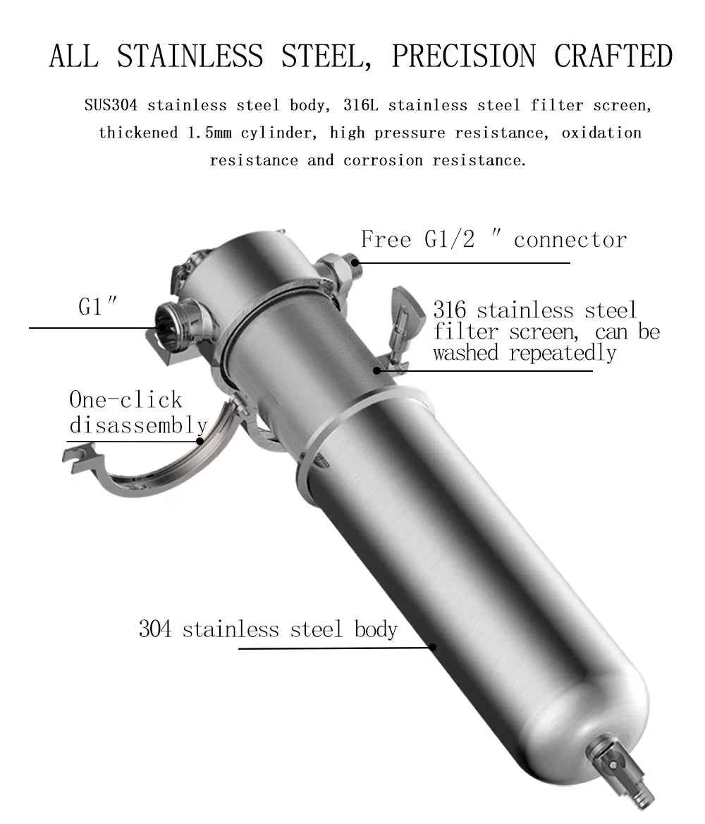Stylish TECHTONGDA Front Water Filter Housing 10 inch Filter 1 inch NPT for Whole House Water Purification 304 Stainless Steel 8000L/h