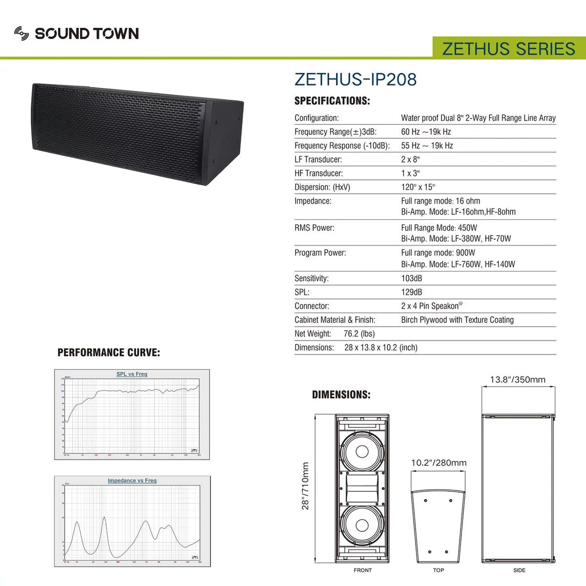 Sound Town All-Weather 4 x Dual 8â Water-Resistant Passive Line Array System with 3â Titanium Compression Drivers, Full Range/Bi-amp Switchable, Black (ZETHUS-IP208X4)