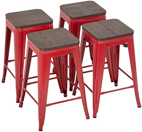 NLTBONNIE 24 Inches Metal Stools Set of 4 Counter Height Wood Seat Barstool Patio Stool Stackable Backless Stool Indoor Outdoor Metal Kitchen Stools Chairs (Red) - Exclusive Design
