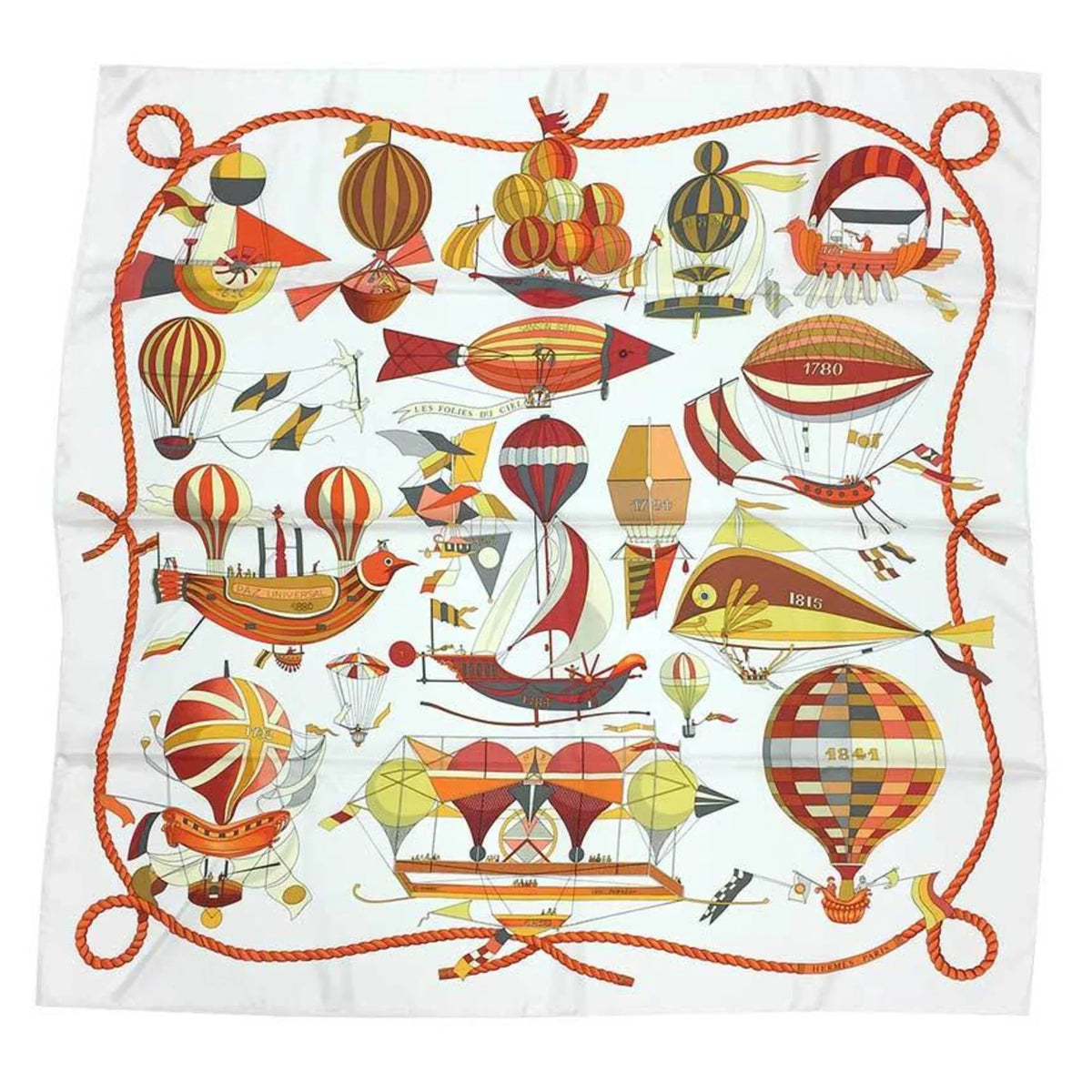 Stylish Pre-Owned HERMES Hermes Carre 90 Scarf Muffler LES FOLIES DU CIEL Madness in the Sky Balloon Pattern White/Orange 100% Silk (Like New)