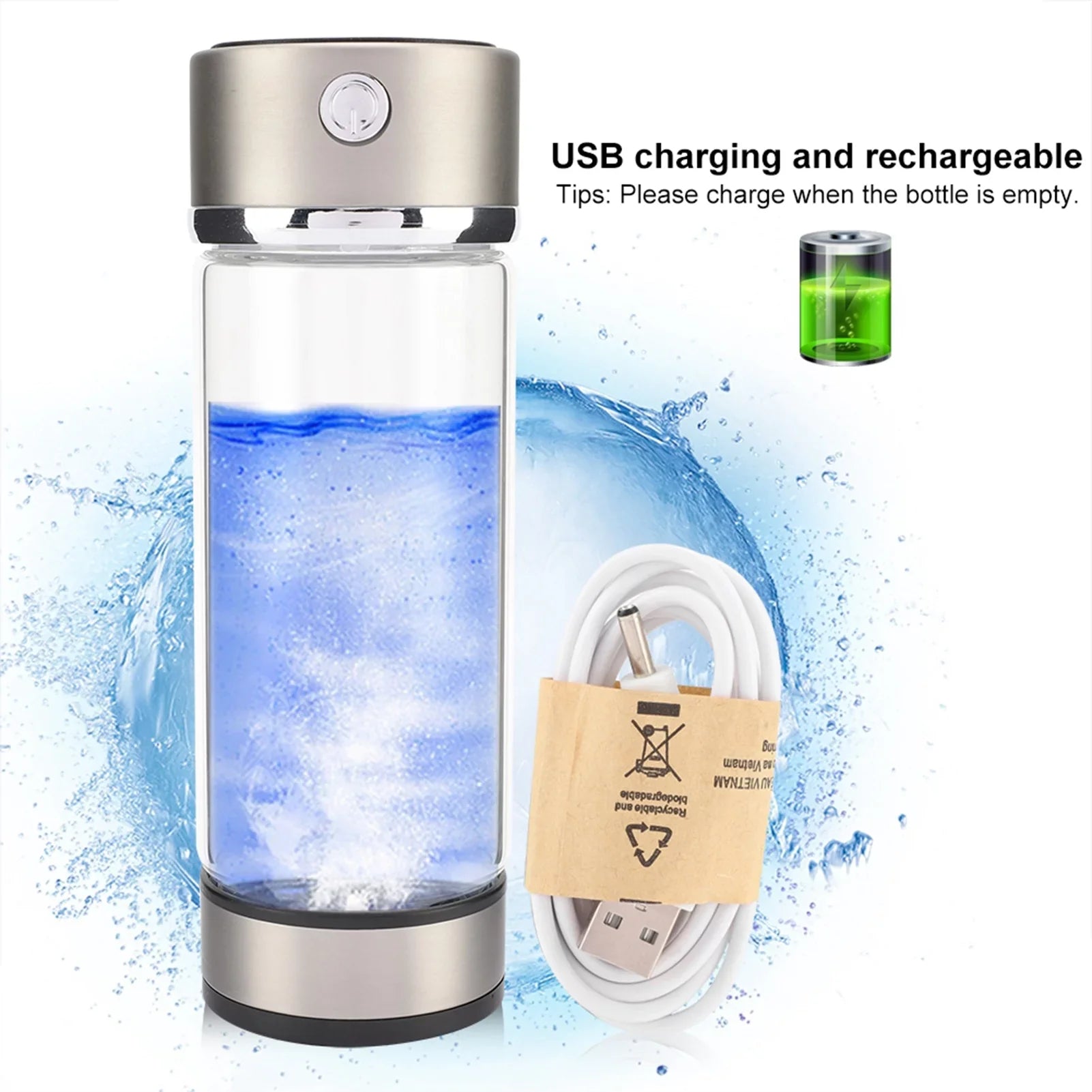 Nikou USB Charging Rich Hydrogen Water Purifier Filter Glass Bottle Anti-Skid Portable Lonizer Cup
