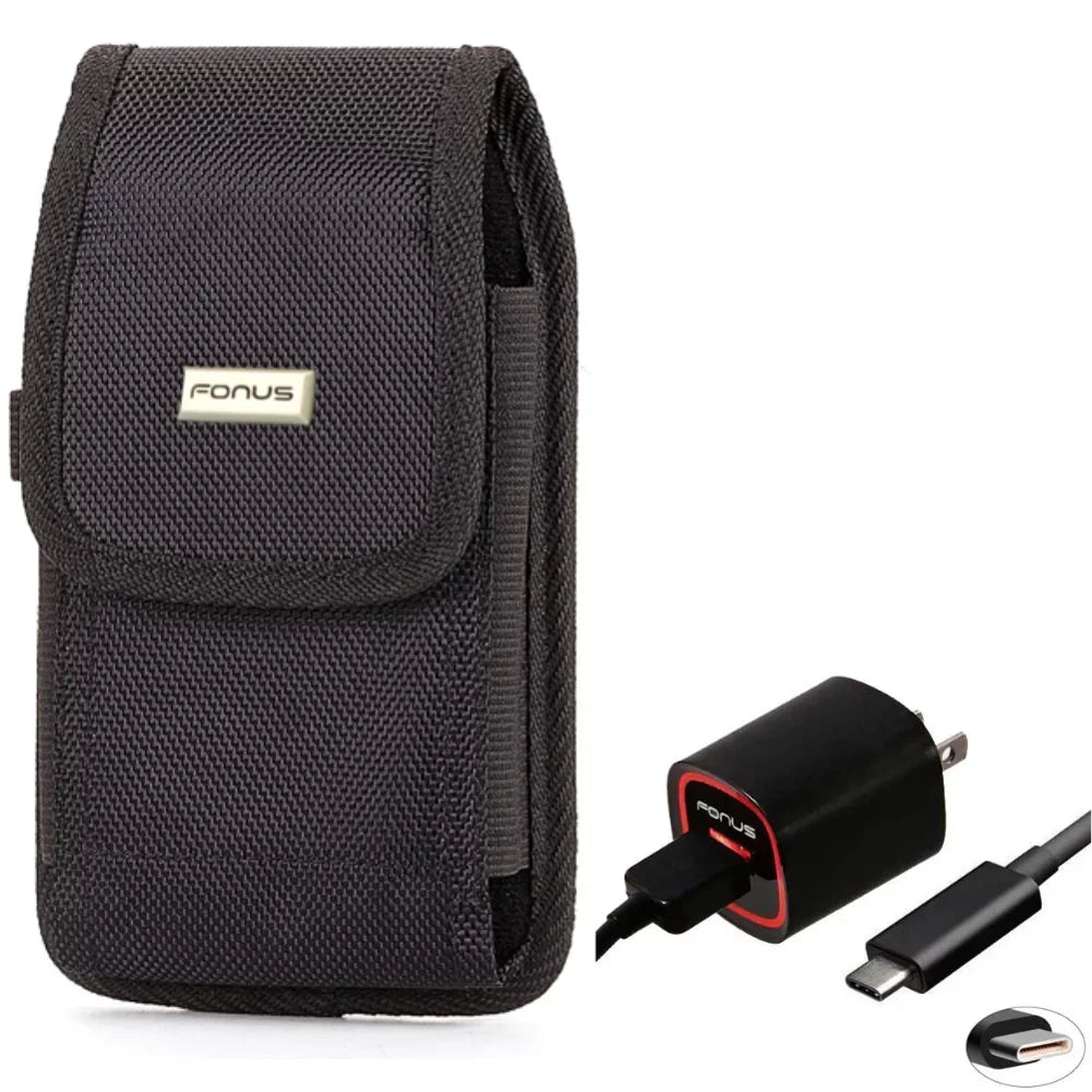 Stylish Holster Rugged Case Belt Clip w USB Cable 2.4A Home Charger for Motorola Moto Z Force Droid, Revvlry Plus, Edge Plus, G7 G6 G Stylus 5G (2022) (2021) Pure Power (2022) (2021) (2020)