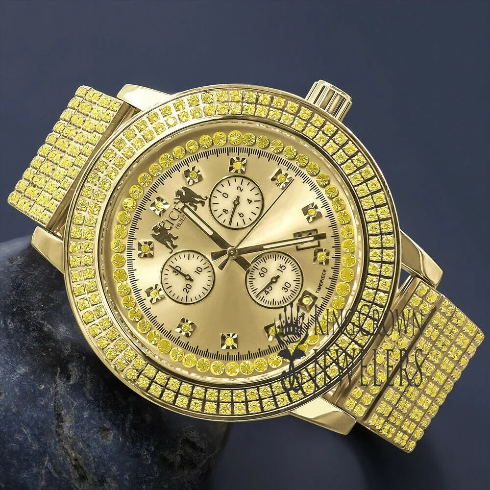 Canary Gold Tone Jojo Jojino Joe Rodeo Solid Stainless Steel 54mm Real Diamond Dial Mens Watch - Exclusive Design