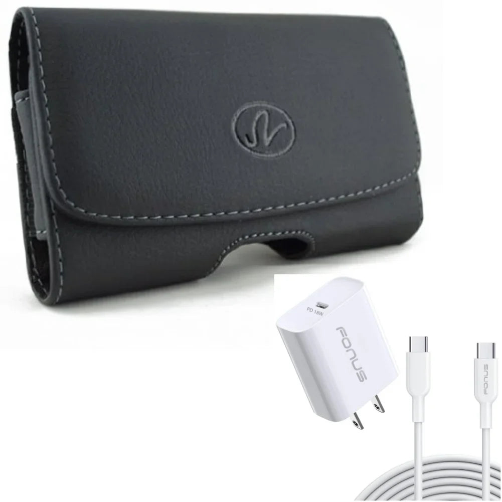 10ft Long Cable Fast Type-C 18W PD Home Charger w Swivel Leather Case Belt Clip for Samsung Galaxy XCover Pro S9 Plus S8 Plus S22 Plus S21 Plus S20 Plus S10 Plus FieldPro Fan Edition FE 5G - Exclusive Design
