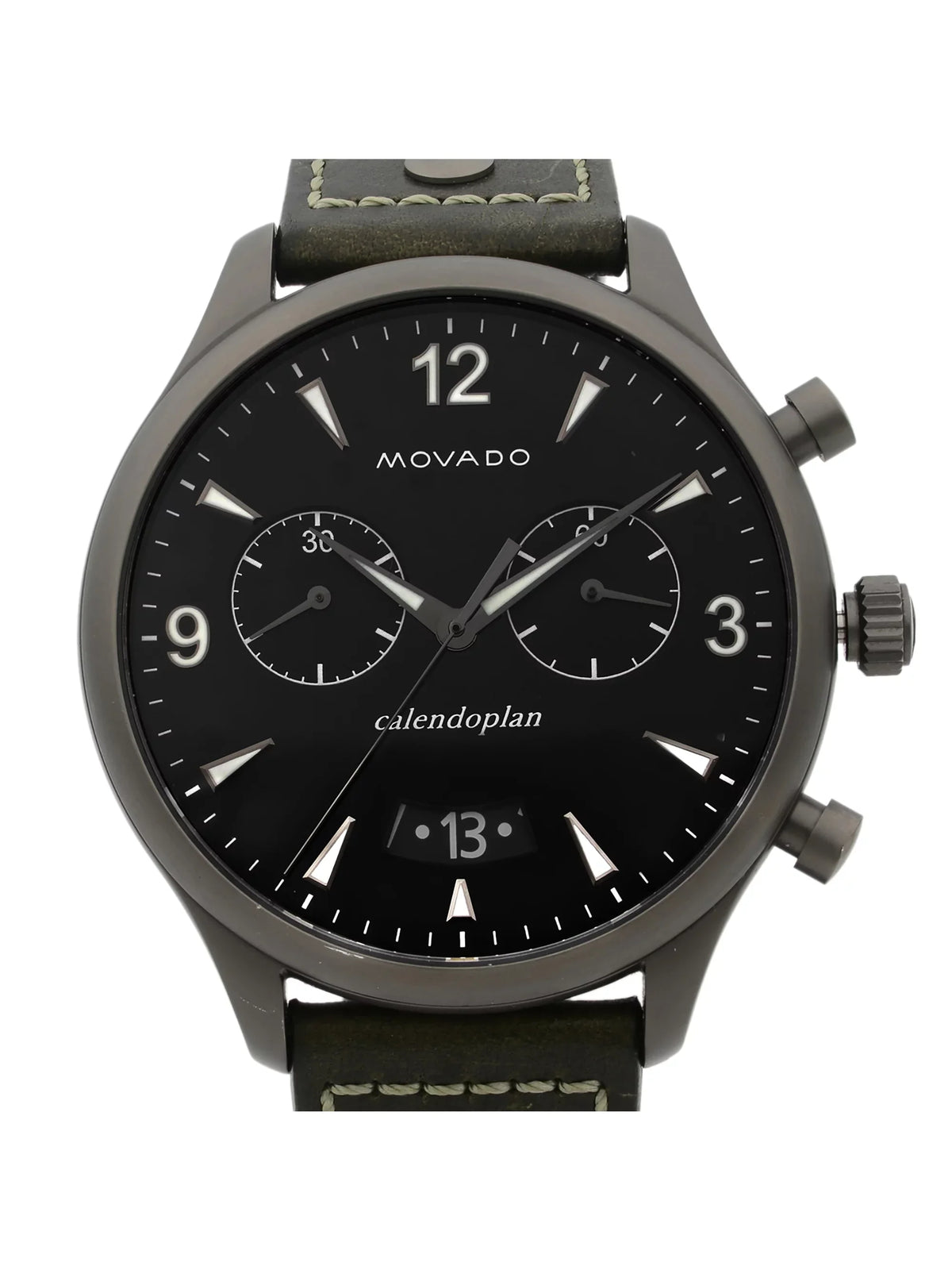Movado Heritage Gunmetal Steel Green Leather Black Dial Quartz Watch 3650029 Pre-Owned
