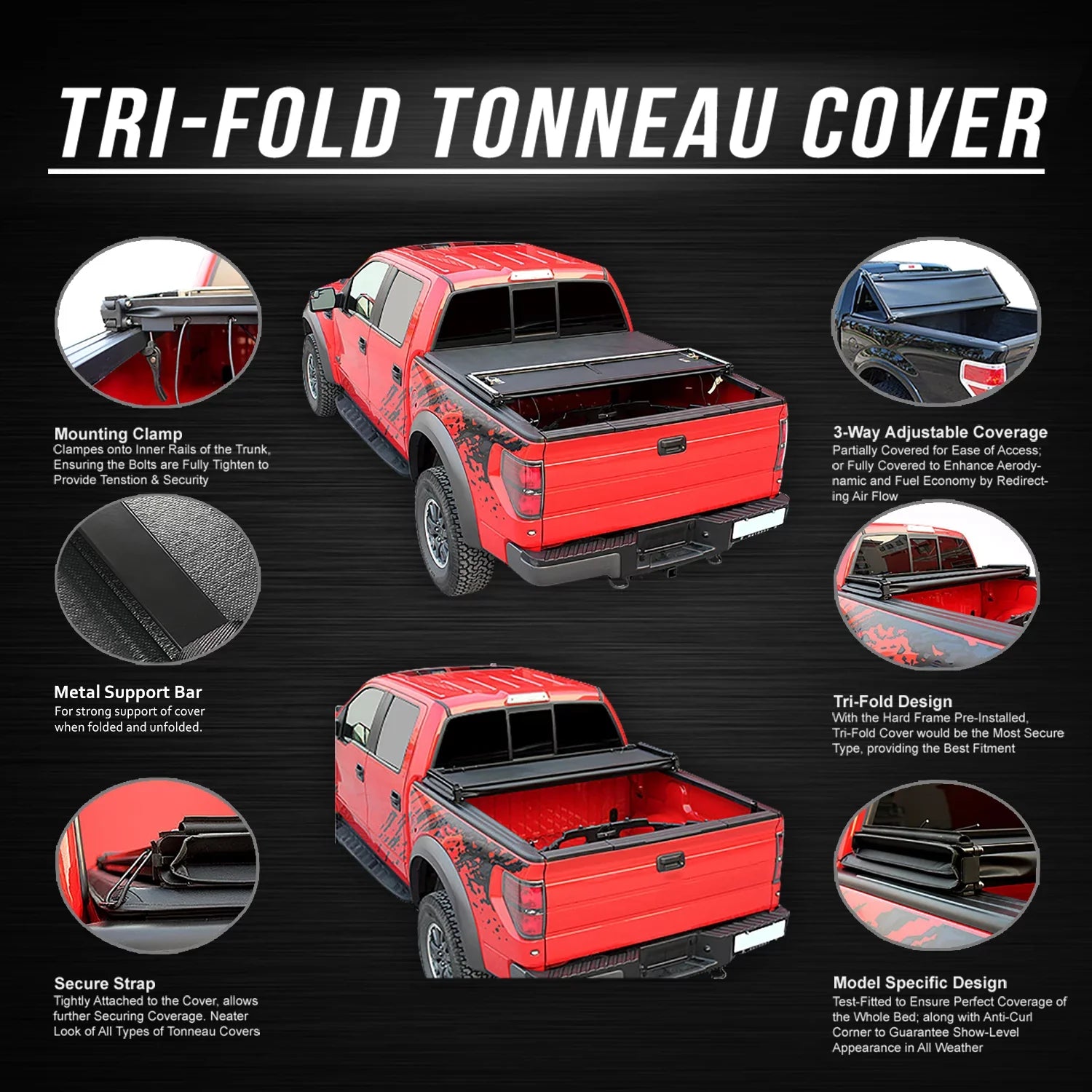 DNA Motoring TTC-TRISOFT-091 For 2019 to 2021 Ford Ranger 6Ft Short Bed Adjustable Matte Black Aluminum Frame Vinly Tri -Fold Soft Top Trunk Tonneau Cover 20