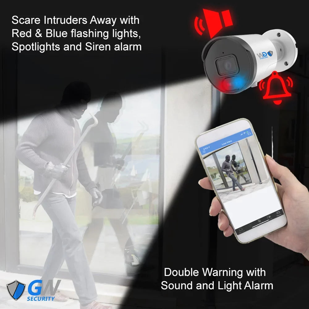 GW Security 32 Channel NVR UltraHD 4K Full-Time Color Night Vision PoE Security Camera System with (32) 8MP Two-Way Audio PoE Outdoor Cameras, AI Human & Cars Detection with Alarm Lamps