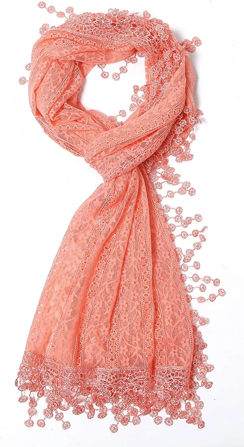 Cindy and Wendy Lightweight Soft Leaf Lace Fringes Scarf shawl for Women Peach Pink - Exclusive Design
