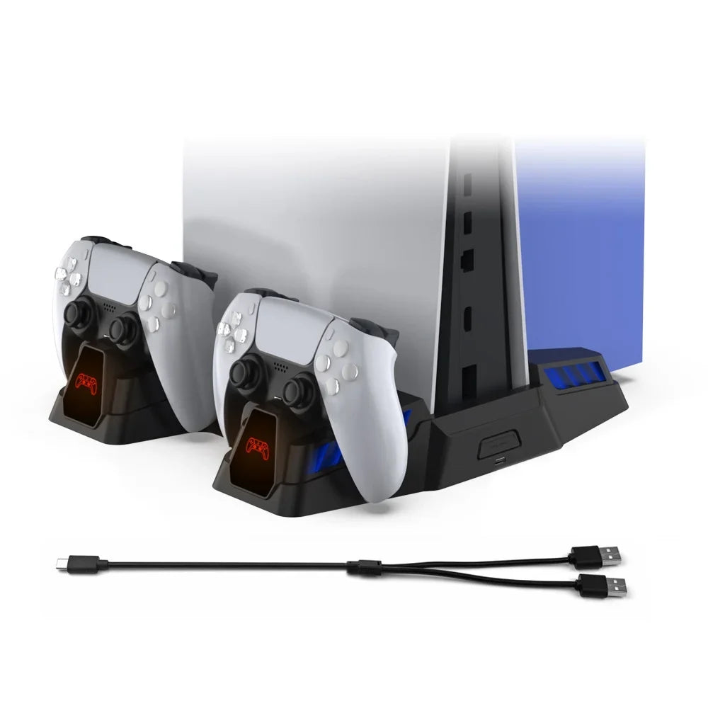 Stylish PS5 Cooling Stand Base with Charging, Disc Storage, and Multi-Functional Fan - Enhanced Cooling and Charging Dock for PlayStation 5 Digital and Disc Versions Console-Black