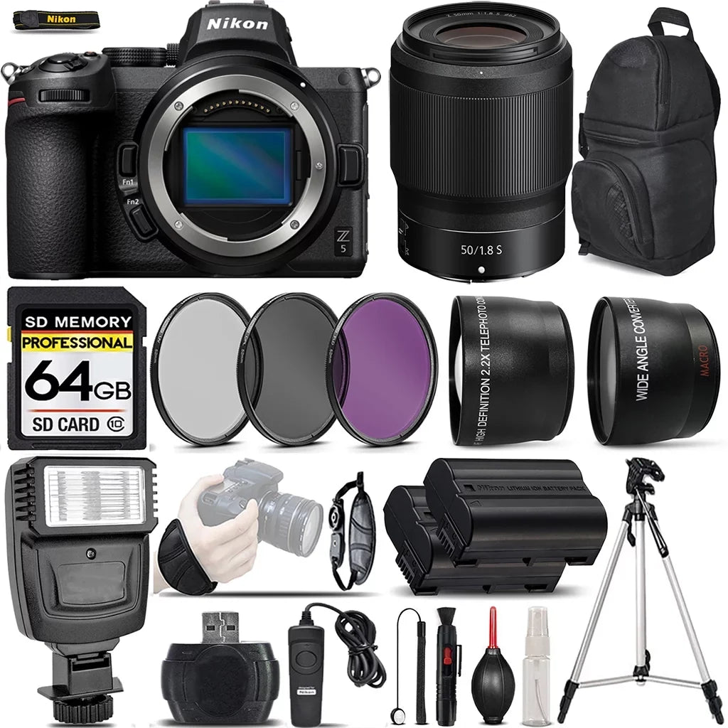 Nikon Z5 Mirrorless Digital Camera with 50mm f/1.8 S Lens + 0.43X Wide Angle Lens + 2.2x Telephoto Lens + Flash + 64GB Memory Card + UV-CPL-FLD Filters + Wireless Remte - International Version