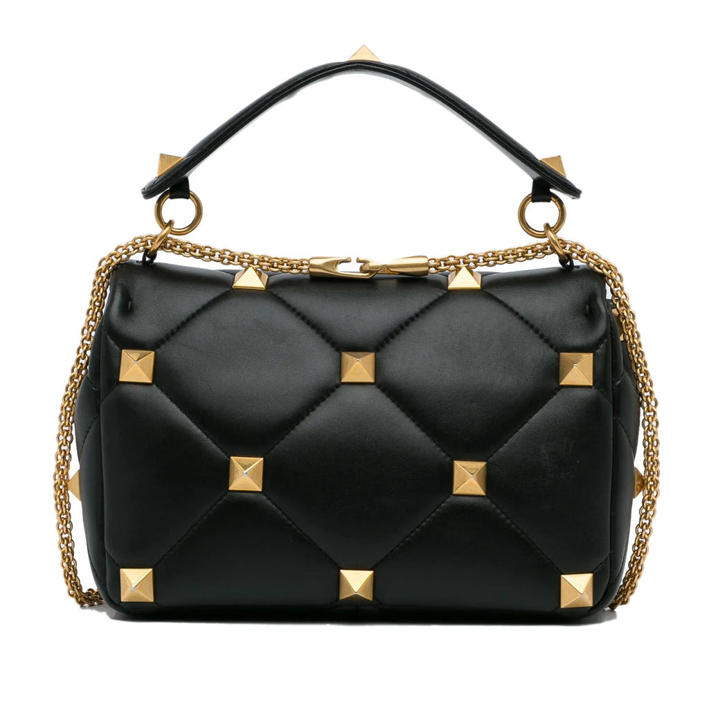 Stylish Pre-Owned Authenticated Valentino Medium Roman Stud Satchel Calf Leather Black Unisex (Good)