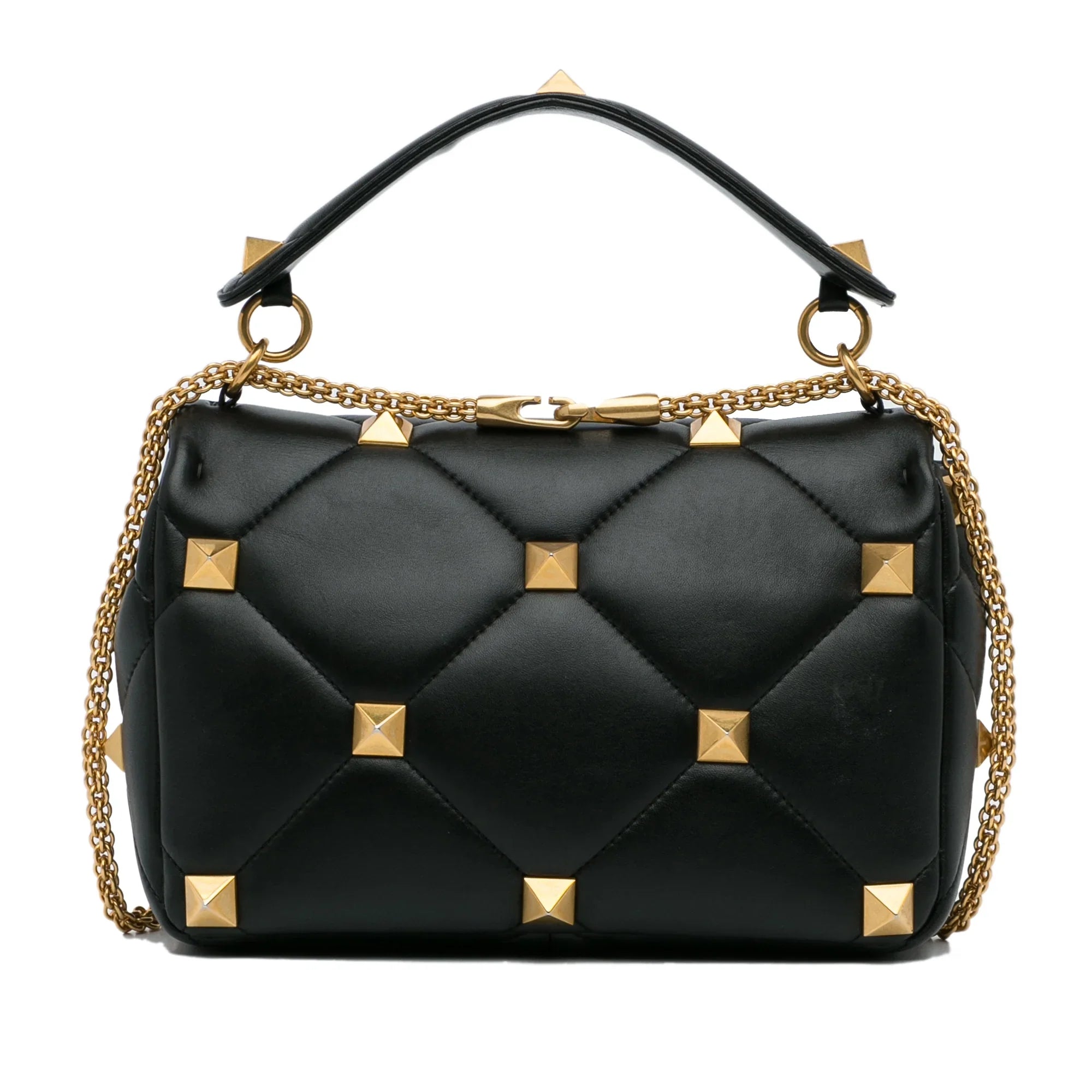 Stylish Pre-Owned Authenticated Valentino Medium Roman Stud Satchel Calf Leather Black Unisex (Good)