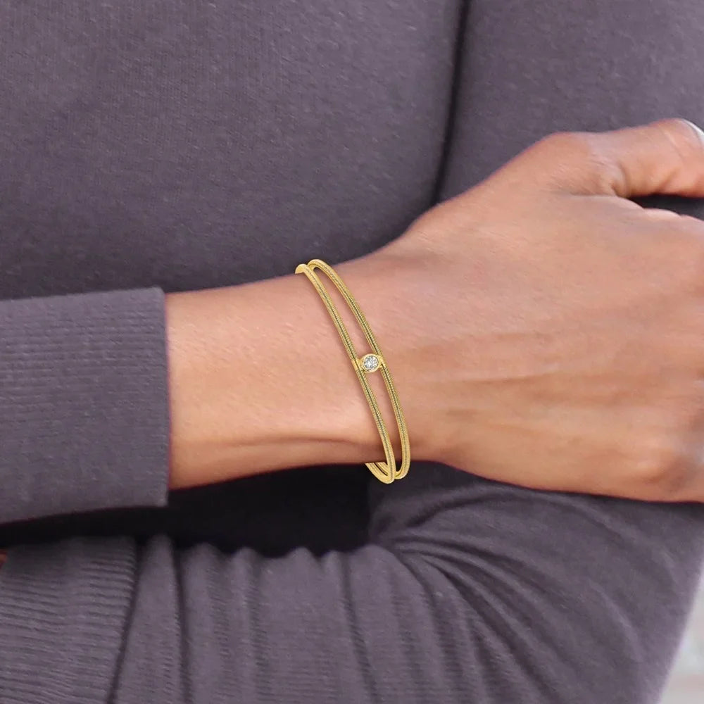 Auriga 925 Sterling Silver Polished Gold-tone Textured CZ Two Band Cuff Bracelet for Women - Exclusive Design