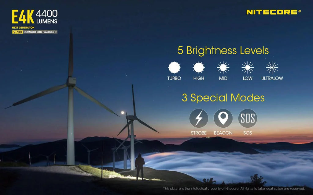 Combo: NITECORE E4K Next generation Flashlight - 4400 Lumens w/Tiki Mini Keychain Lamp -300 Lumens
