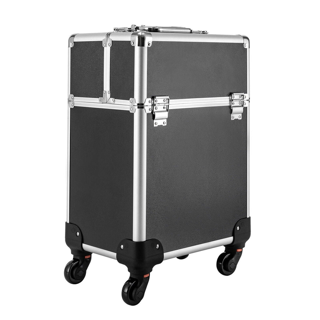 Stylish Rolling Lockable Makeup Train Case Hairdresser Trolley, Stylist Beauty Nail Salon Barber Case Cosmetic Luggage Travel Trunk Cart Organizer Tool Box with Swivel Wheels (Black)