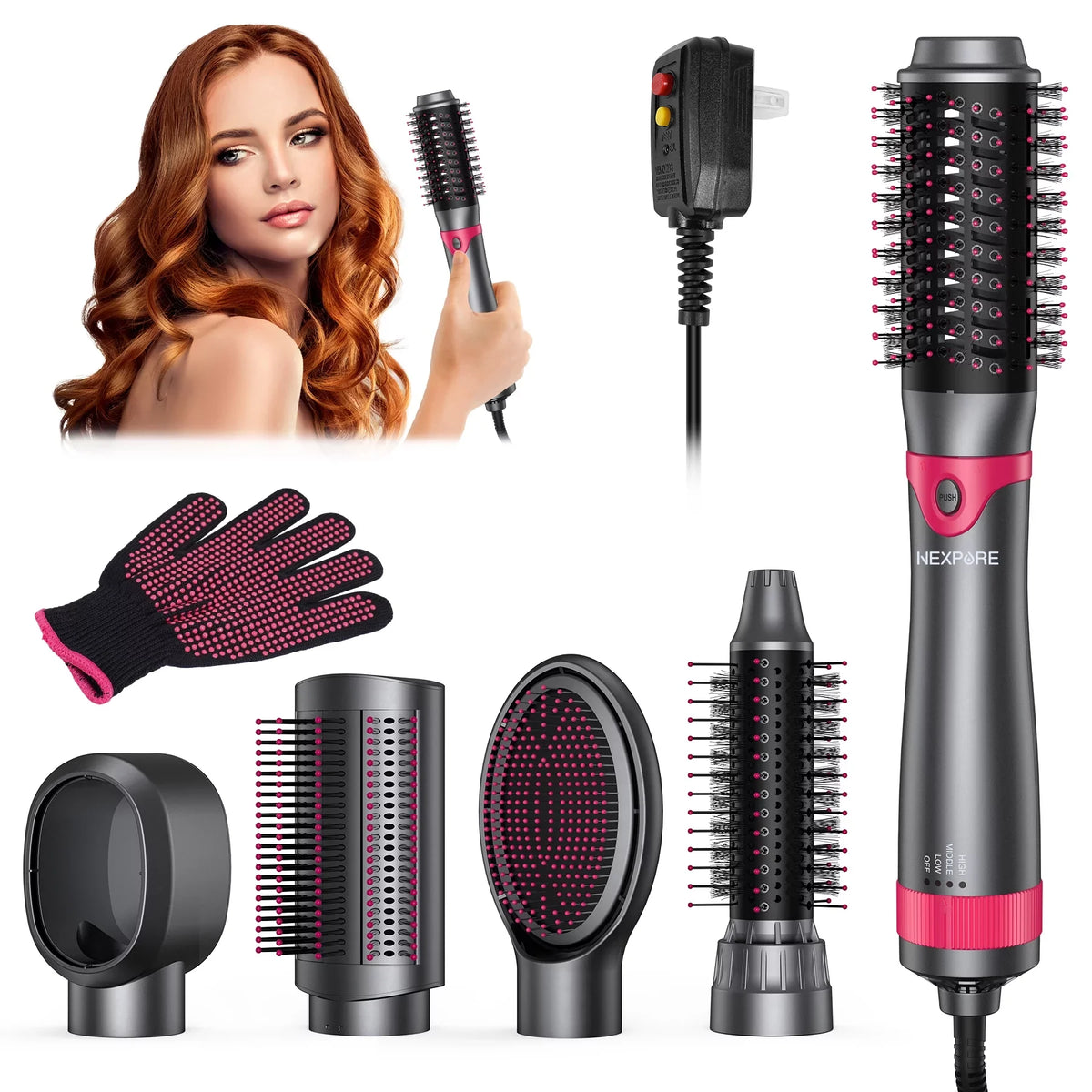Stylish NEXPURE 5 in 1 Multifunctional Hair Dryer Styling Tool, Detachable Salon 5-in-1 Multi-Head Hot Air Comb,Negative Ion Automatic Suction Hair Curler for Women