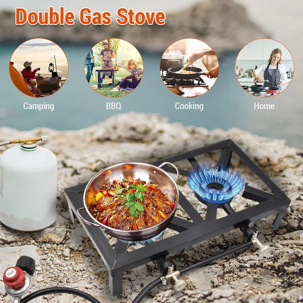Htovila Propane Gas Double Cast Iron Stove for Patio Camping BBQ Cooking (Standard), Furnace for Excursions - Exclusive Design